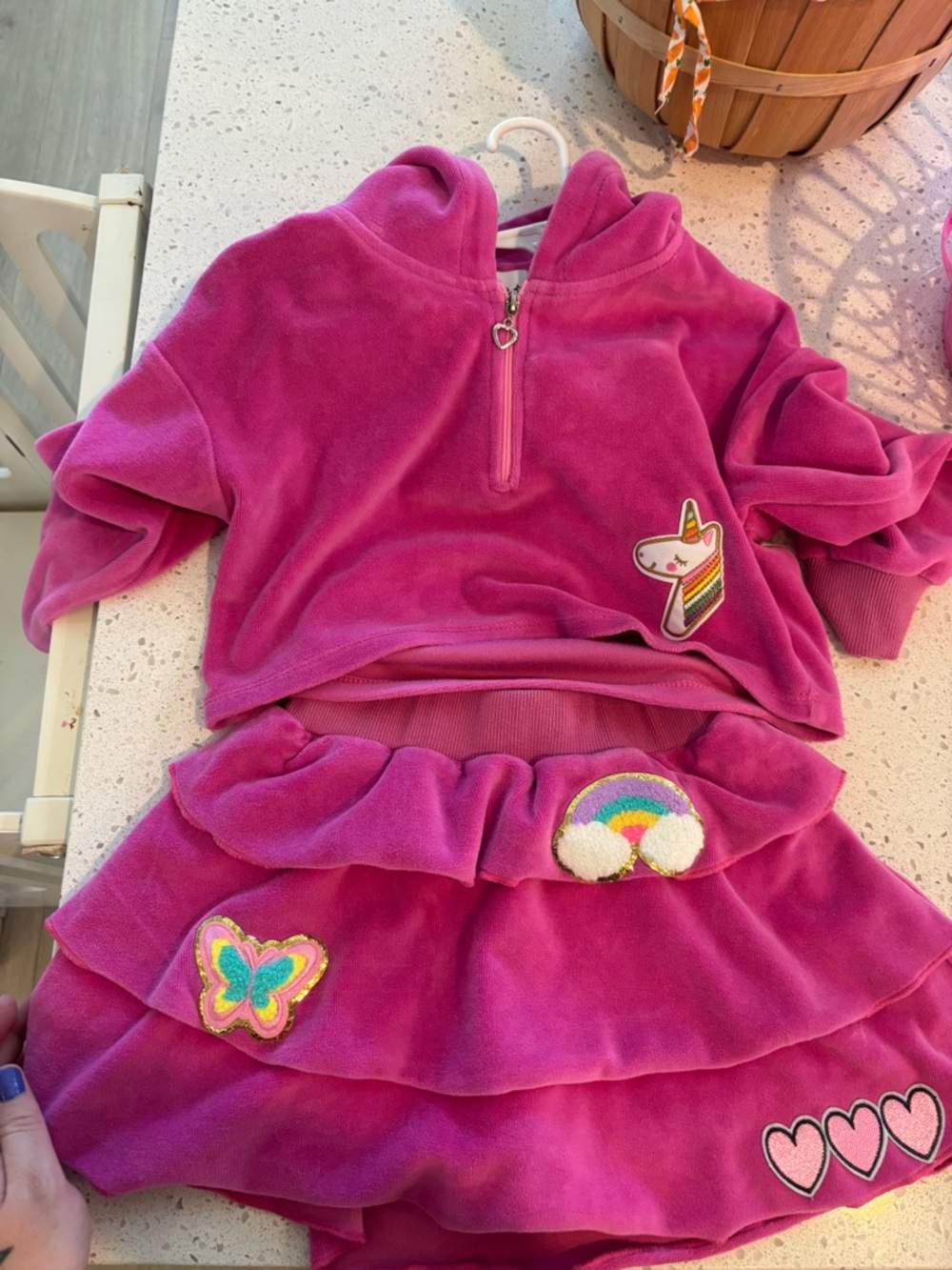 Girls Hot Pink Velour Hoodie & Skirt Set with Unicorn Patch